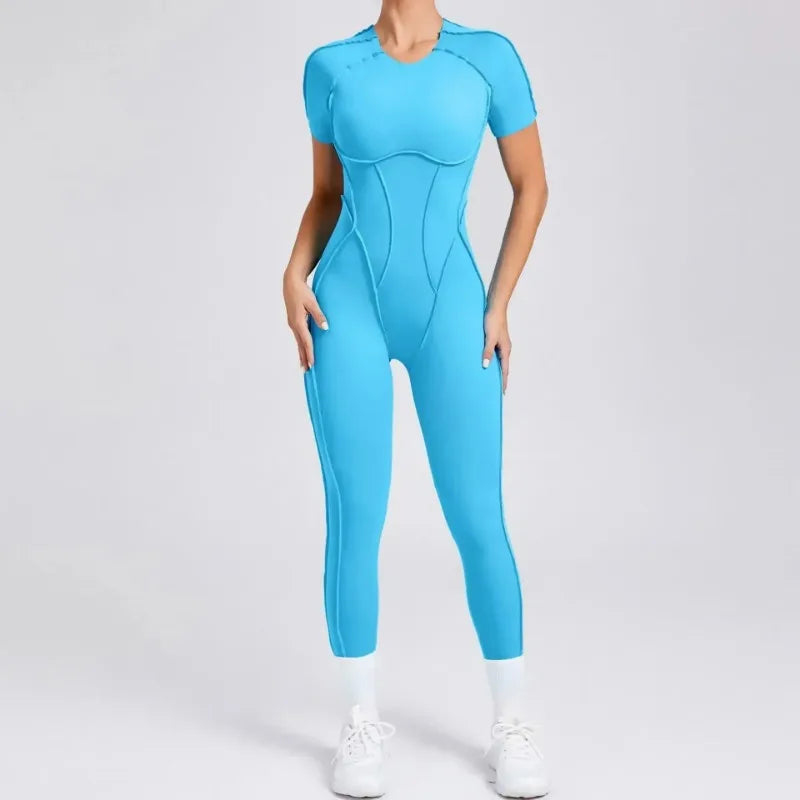 Women's Short Sleeve Nylon Blend Workout Jumpsuit with Open Back