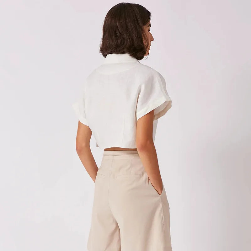 Women's Linen Notched-Collar Short-Sleeve Button-Up Cropped Shirt for Casual Summer Everyday Outfits