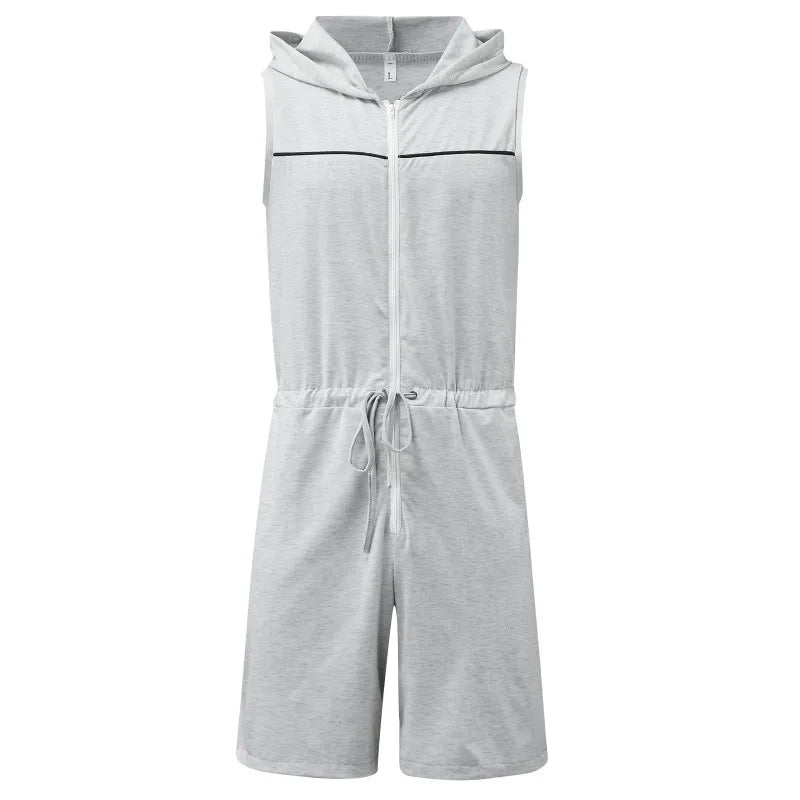 Men's Sleeveless Hooded Zip Front Short Pajama Romper