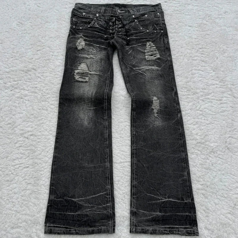 Women's Lace Double Waist Distressed Flared Denim Jeans