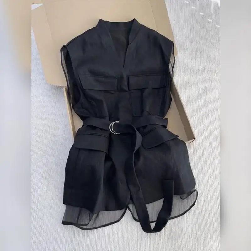 Women's Belted Sleeveless Vest with Sheer Hem Panels