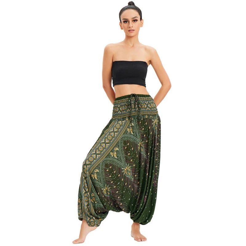 Women's Printed Rayon Harem Pants with Elastic Waist and Convertible Styling