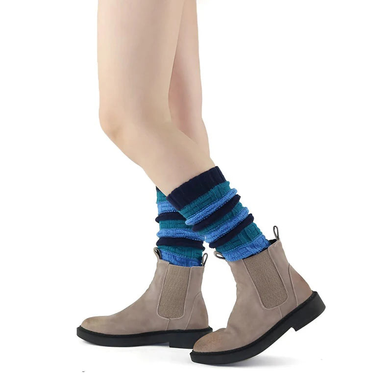 Striped Knit Calf Leg Warmers with Stirrup Foot Shape