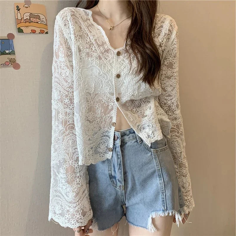 Women's Lace V Neck Long Sleeve Button Front Blouse