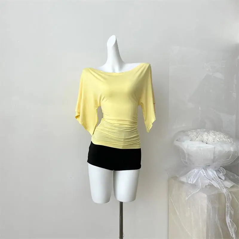 Women's Solid Polyester Slash Neck Blouse with Flared Sleeves and a Fitted Shape