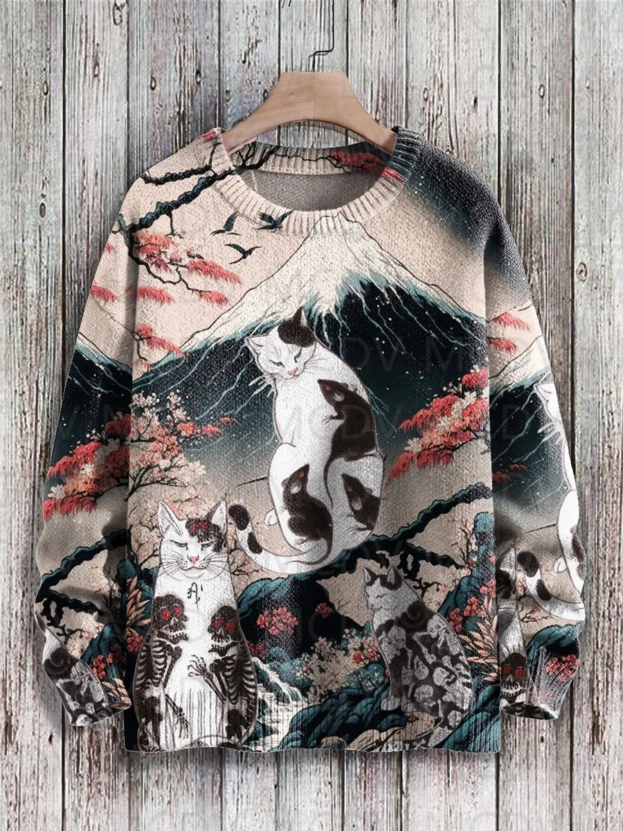 Japanese Art-Print Crewneck Knit Sweater
