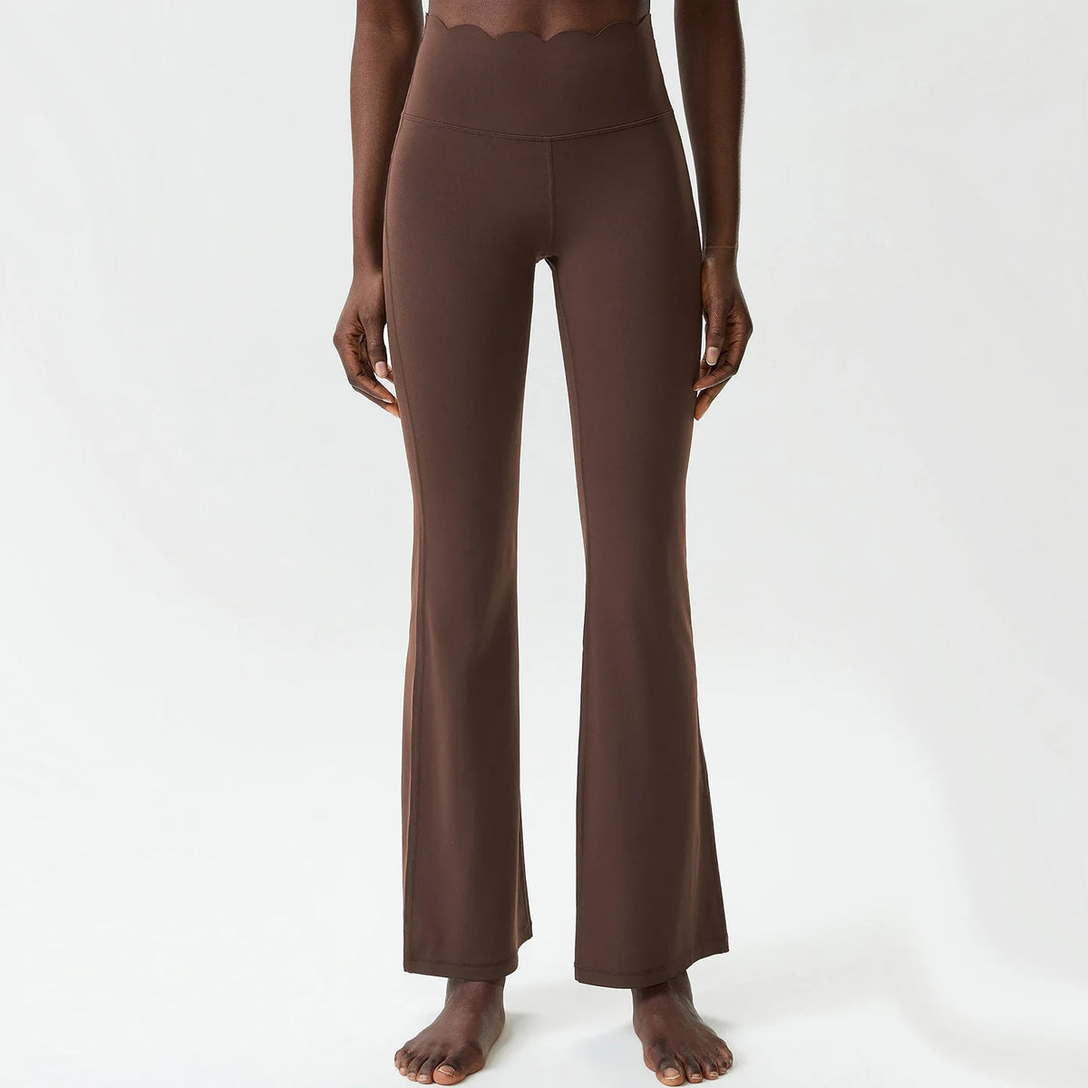 Women's High Waist Nylon Blend Flared Pants with Scalloped Waistband Edge