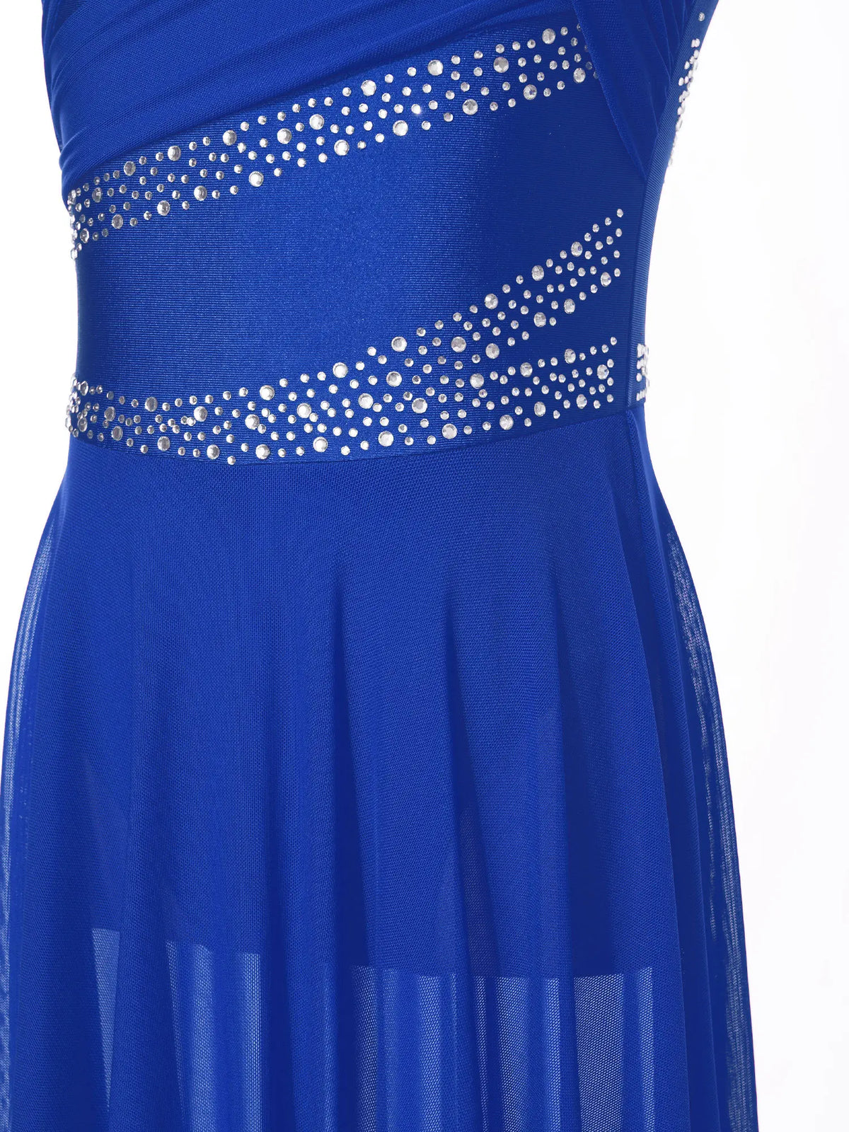Girls' Sleeveless Rhinestone Ballet Dress with Asymmetric Mesh Skirt Overlay