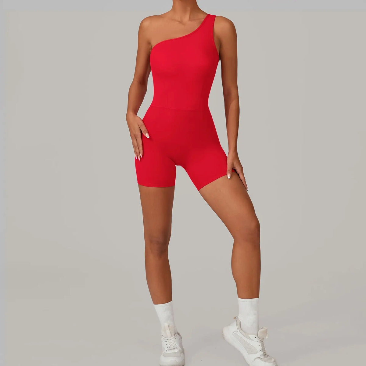 Women's One Shoulder Nylon Blend Workout Romper with Fitted Short Legs