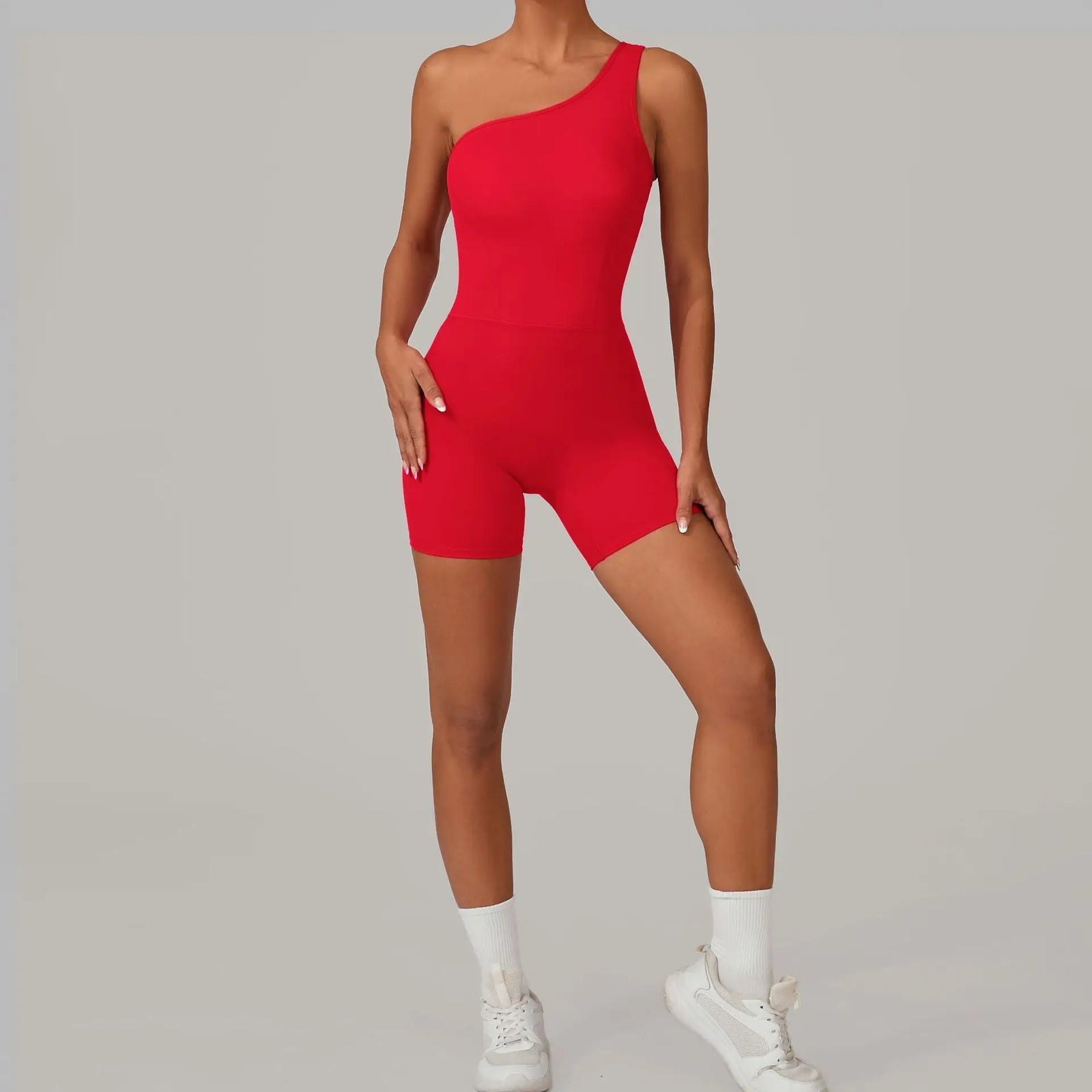 Women's One Shoulder Nylon Blend Workout Romper with Fitted Short Legs
