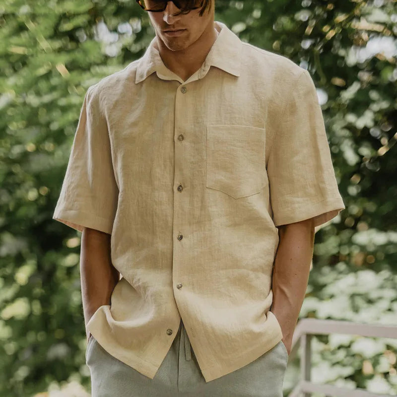 Men's Linen Collared Short-Sleeve Button-Up Shirt for Casual Summer Daily Wear Outfits