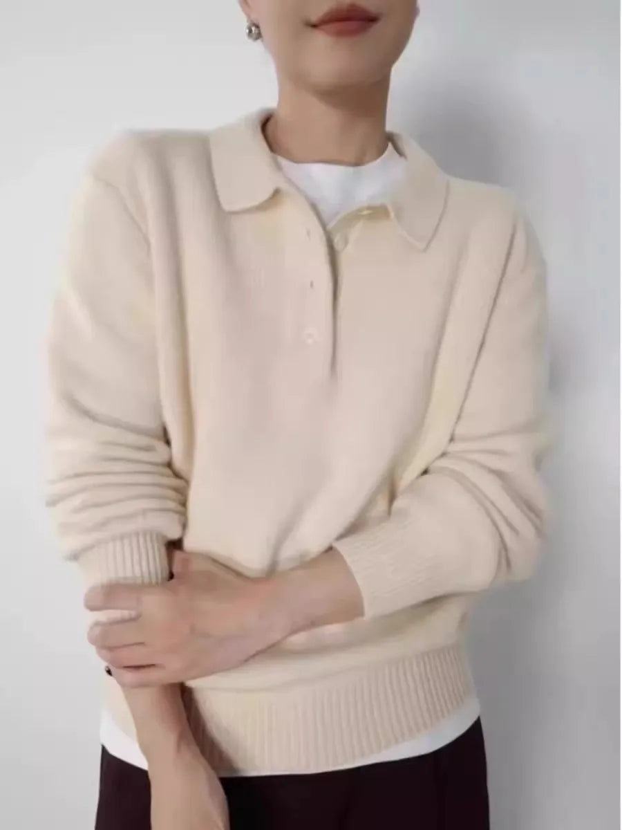 Elegant POLO semi-open neck 100%wool knitted sweater women loose long-sleeved base sweater autumn and winter