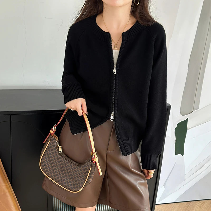 Women's Crew Neck Full Zip Cardigan Casual Knit Layer
