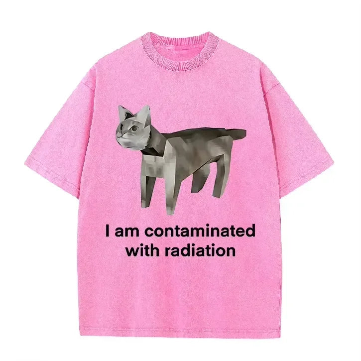 Vintage Washed Green Low Poly Radiation Cat I Am Contaminated Funny Meme Casual T Shirt