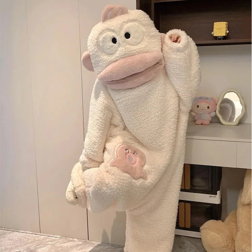 Cartoon Hooded Zip Front Long Sleeve Plush Pajama Jumpsuit