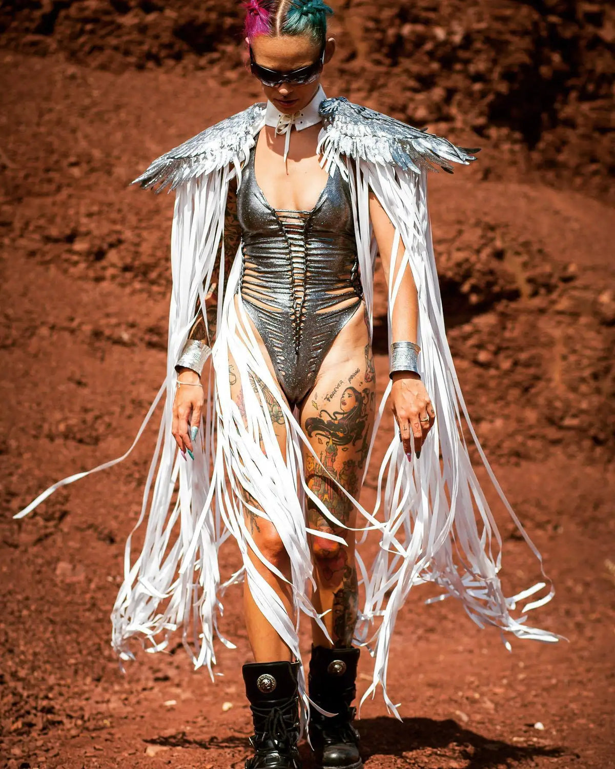 Metallic Wing Fringe Cape for Stage and Costume Layering