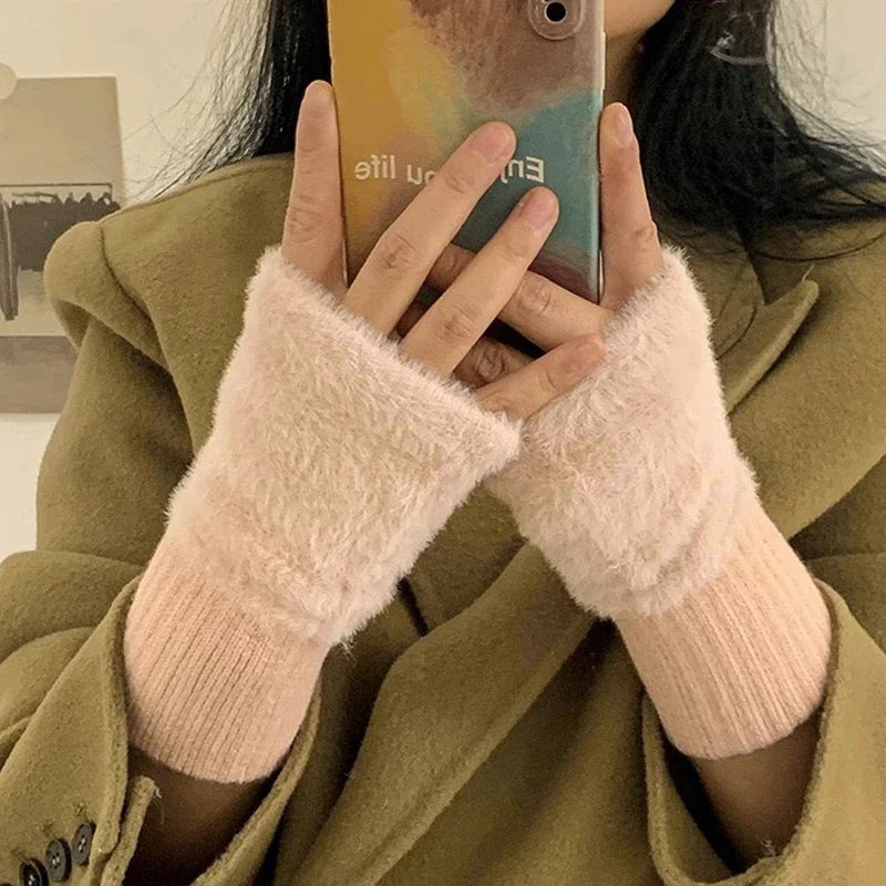 Plush Fingerless Gloves with Ribbed Knit Wrist Cuffs