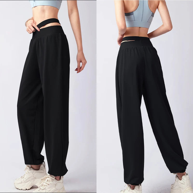 Women's Double Waist Polyester Blend Workout Pants with Cutouts and Cuffed Ankles
