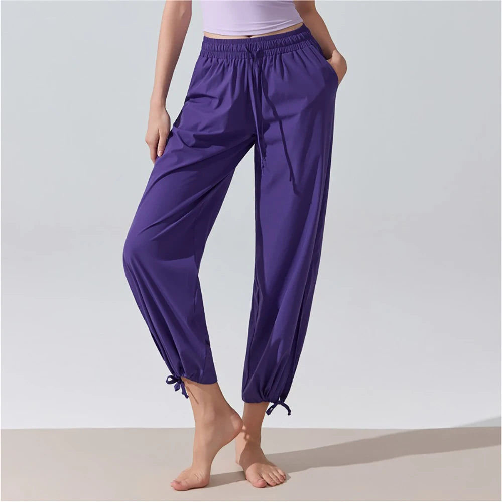 Women's High Waist Workout Pants with Wide Harem Legs and Cuffed Ankles
