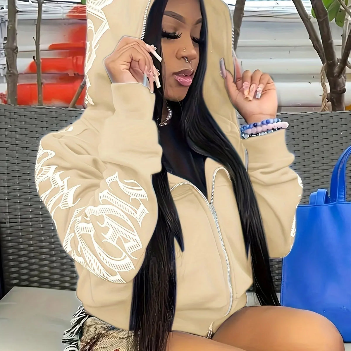 Letter Graphic Long Sleeve Full Zip Casual Hoodie