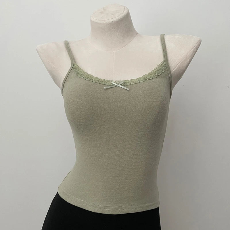 Women's Lace Trim Cotton Camisole with Bow Detail and Multiple Pattern Options