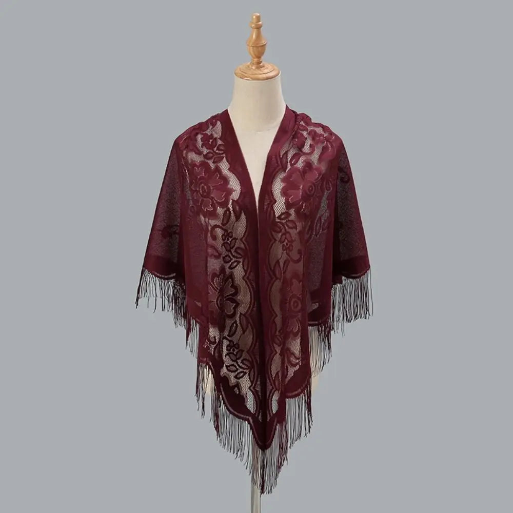Floral Lace Fringed Wrap Scarf for Layering over Outfits