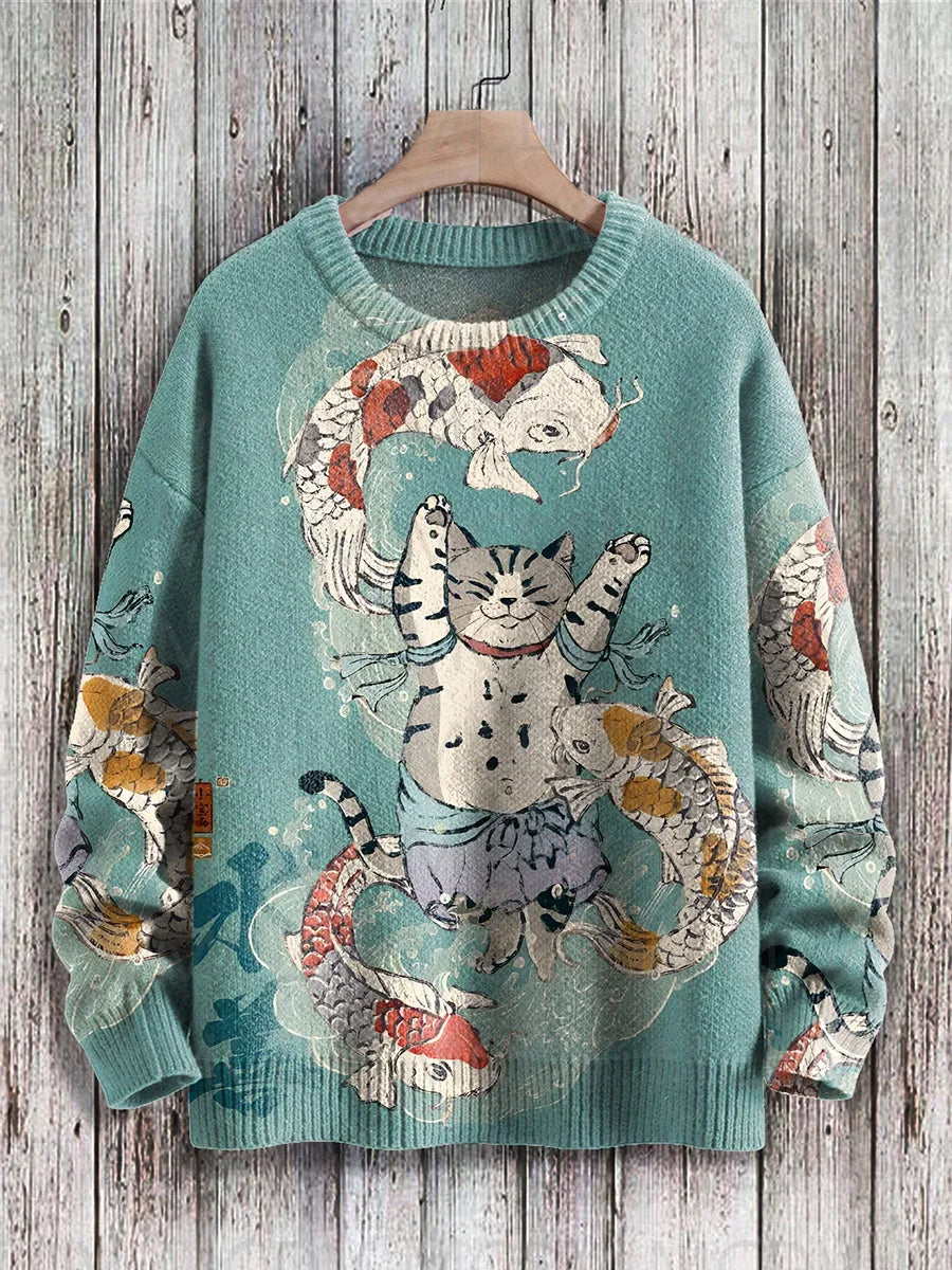 Japanese Art-Print Crewneck Knit Sweater