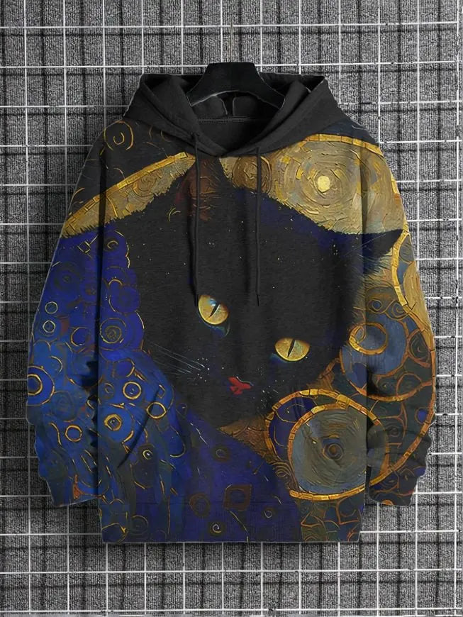 Cat Dinosaur and UFO Graphic Long-Sleeve Pullover Hoodie