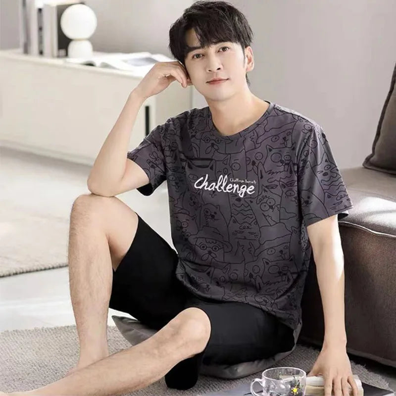 Men's Graphic Short Sleeve Top and Shorts Lounge Pajama Set