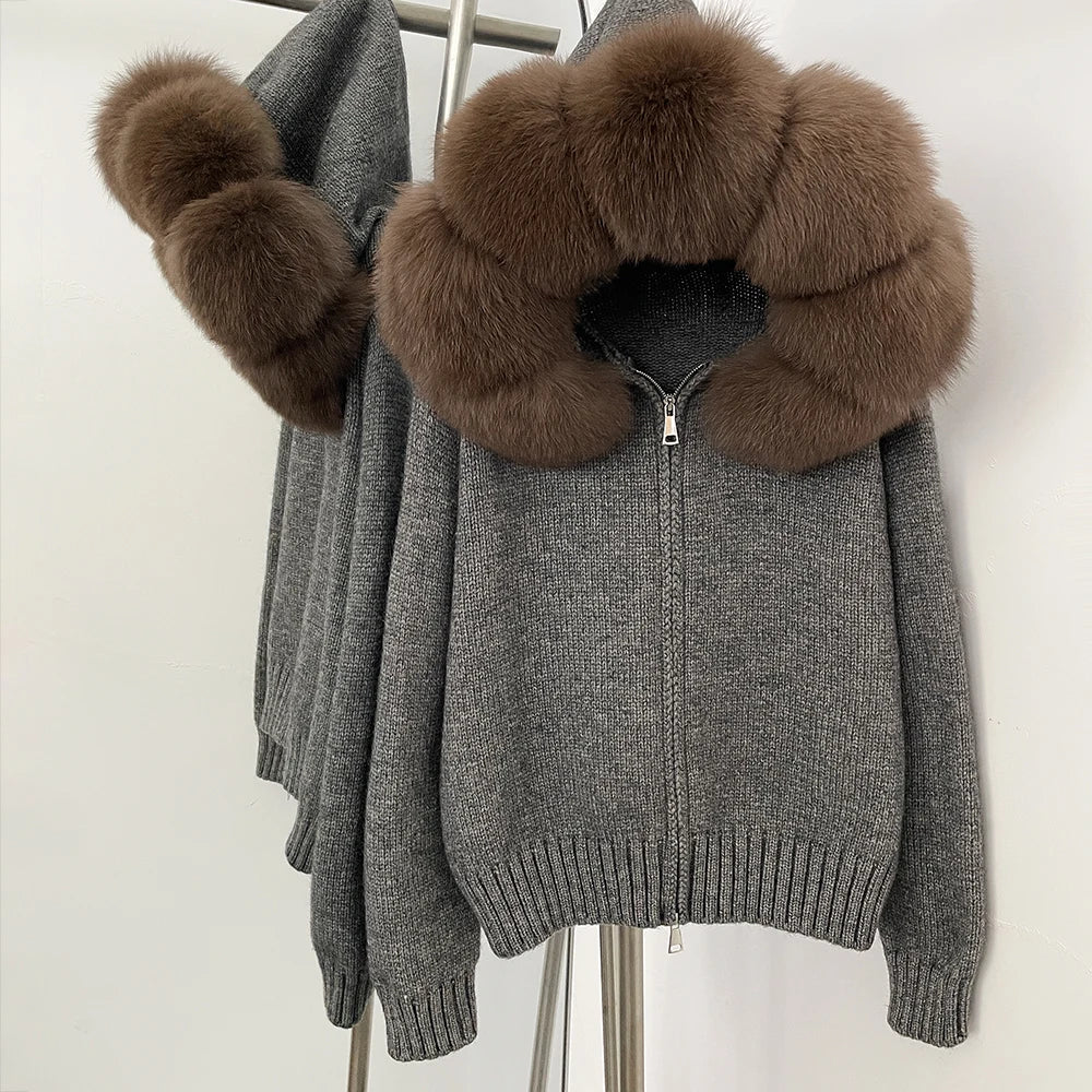 Women's Hooded Zip Front Fluffy Trim Jacket Casual Knit Layer