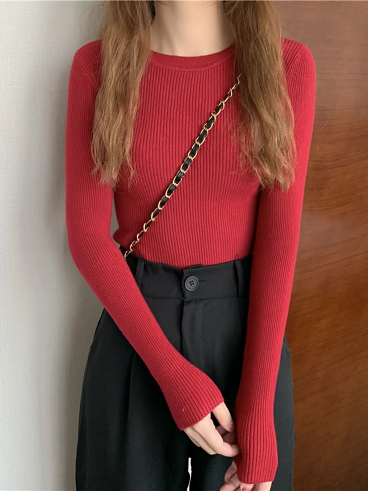 Women's Acrylic-Cotton Solid Long-Sleeve Crewneck Slim-Fit Knit Pullover Sweater for Everyday Outfits