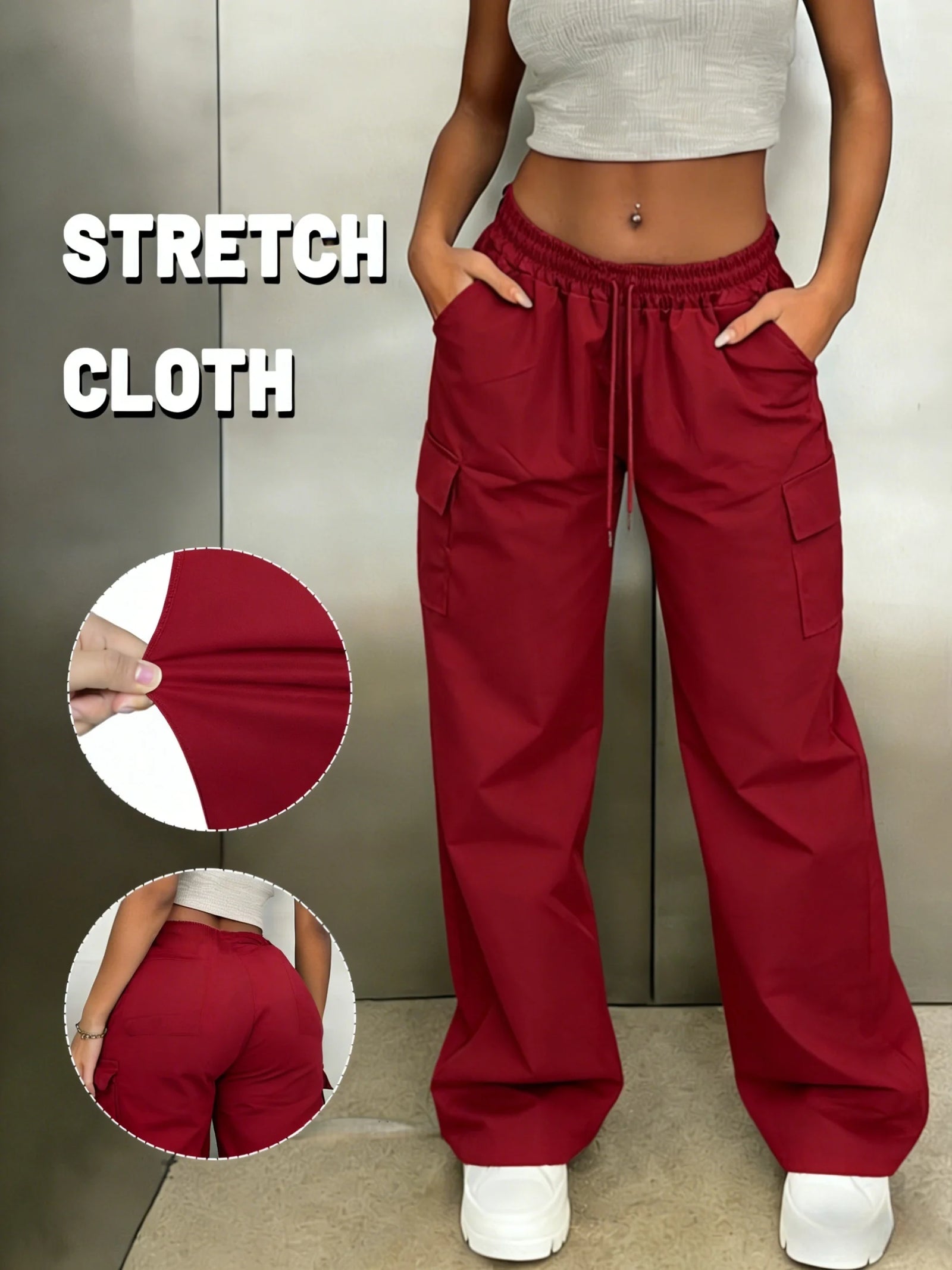 Women's Wide Leg Cargo Pants with Stretch Waist and Side Pockets
