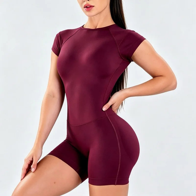 Women's Short Sleeve Nylon Blend Workout Romper with Open Back