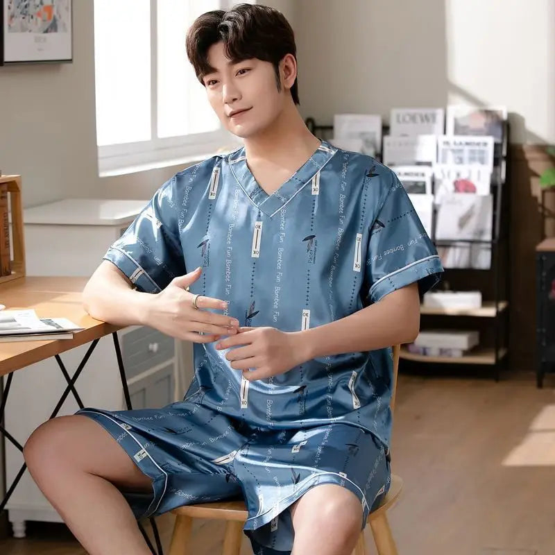 Men's Printed Short Sleeve Button Neck Top and Shorts Pajama Set