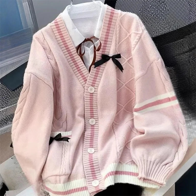 Women's Bow-Detail V-Neck Button-Front Cardigan