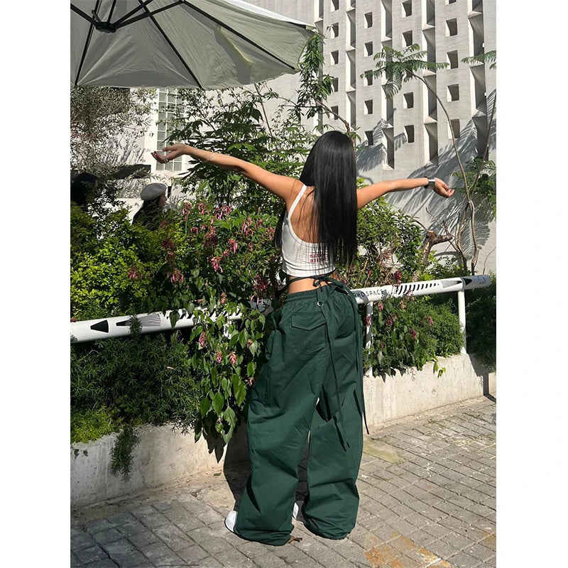Women's Wide Leg Cargo Pants with Lace Up Waist Details