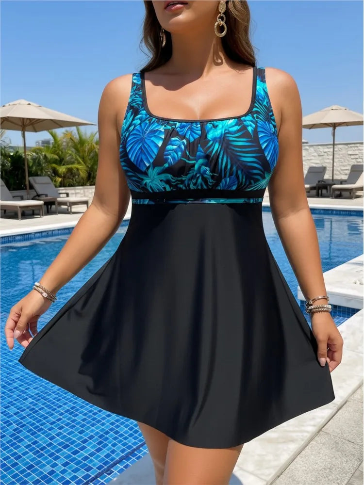 Women's Printed Bust Wide Strap Skirted Swimdress Bathing Suit