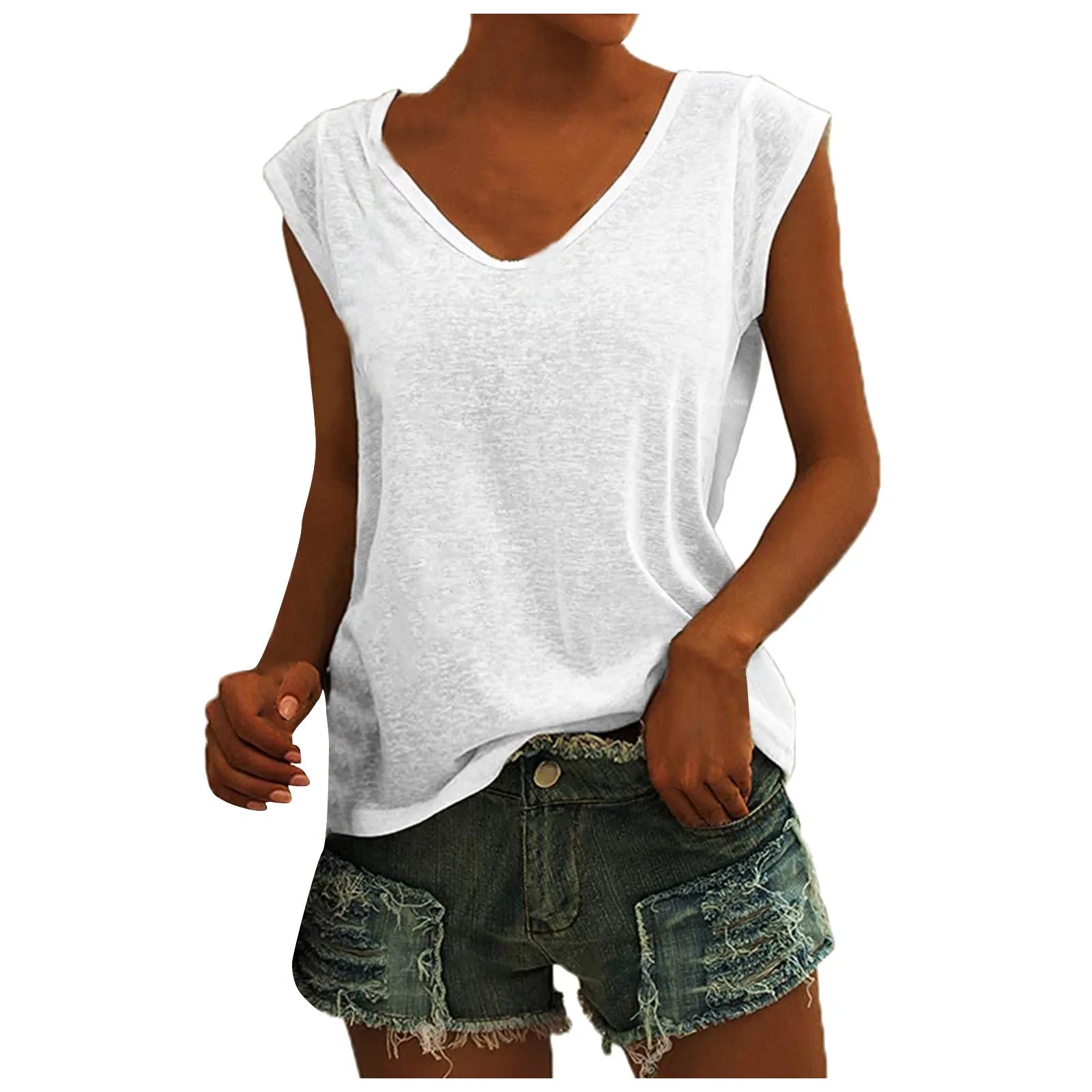 Women's Polyester Sleeveless V-Neck Tank Top with Slight Stretch for Summer Outfits