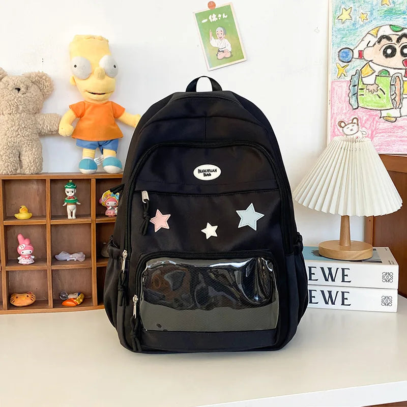 Star Detail Student Backpack with Transparent Front Pocket and Carry Handle