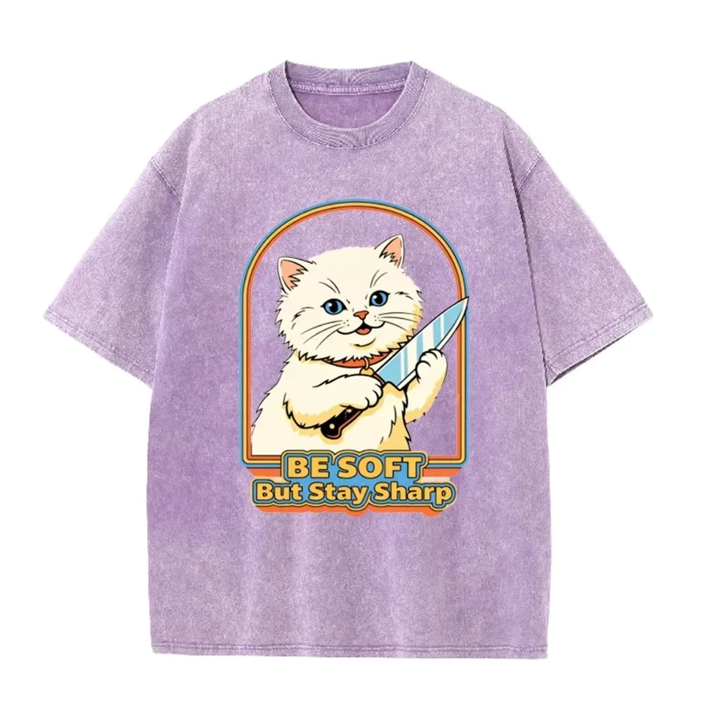 Vintage Washed Purple  Be Soft But Stay Sharp Knife Cat Retro Casual Graphic T Shirt