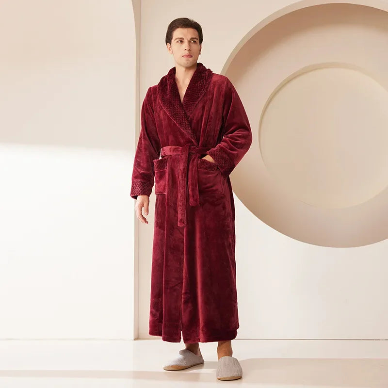 Long Flannel Fleece Tie Waist Bathrobe with Pockets