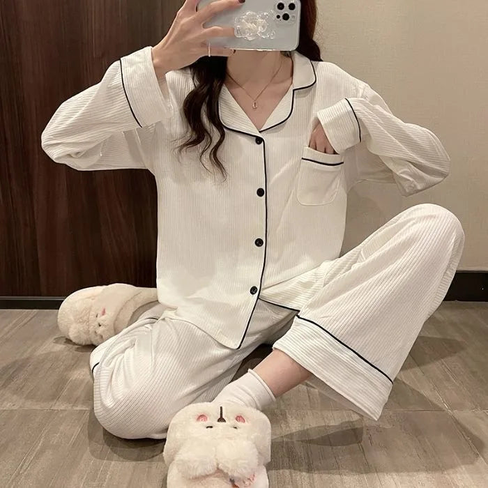 Women's Piped Button Front Long Sleeve Pajama Set with Top and Pants