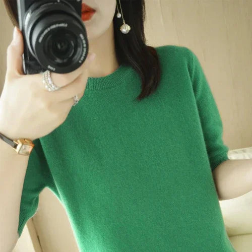 Women's Crew Neck Short Sleeve Sweater Casual Knit Layer