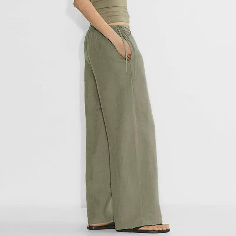 Women's Linen-Viscose Loose Straight-Leg Full-Length Pants with Drawstring Waist and Side Pockets