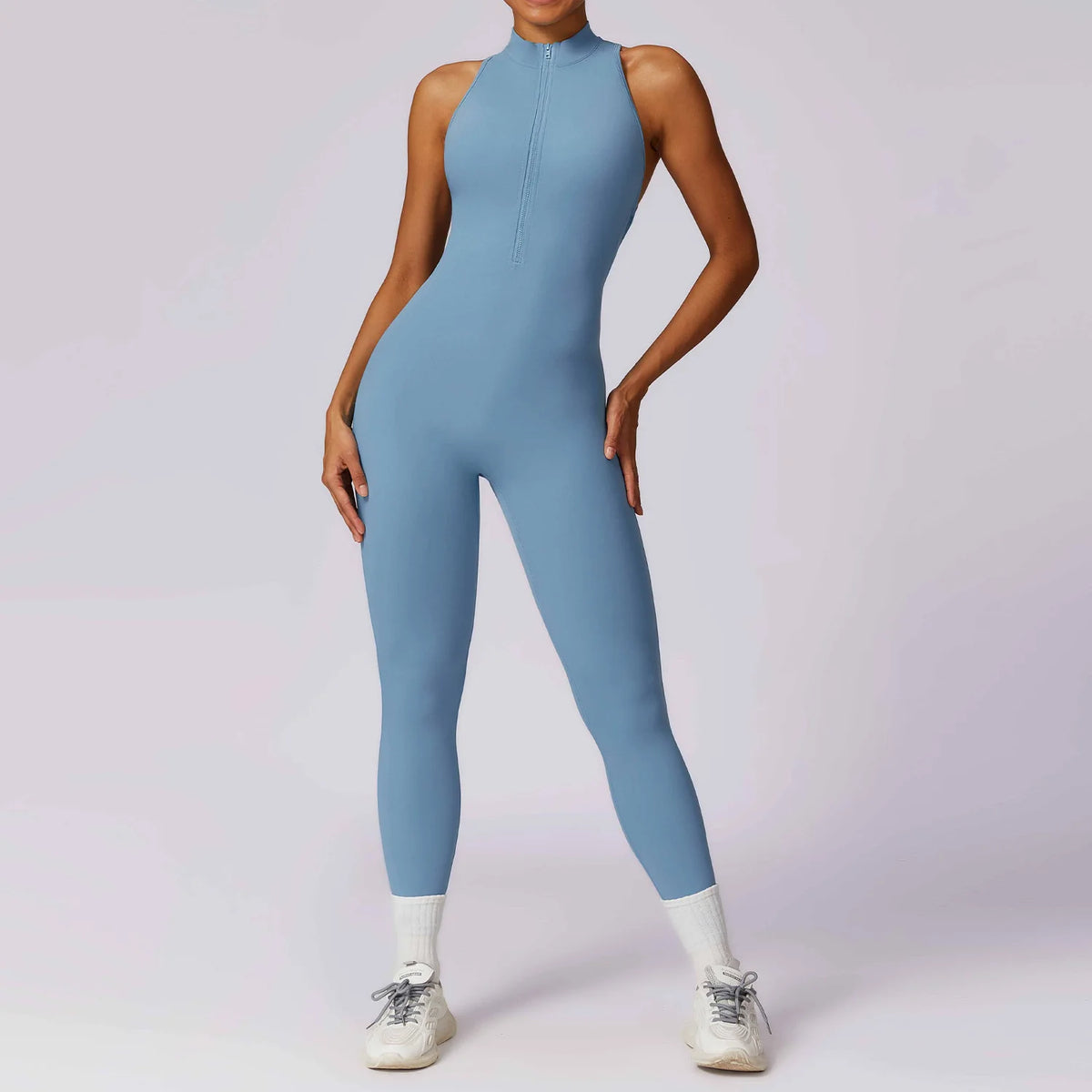 Women's Sleeveless Nylon Blend Zip Front Workout Jumpsuit with Cross Back