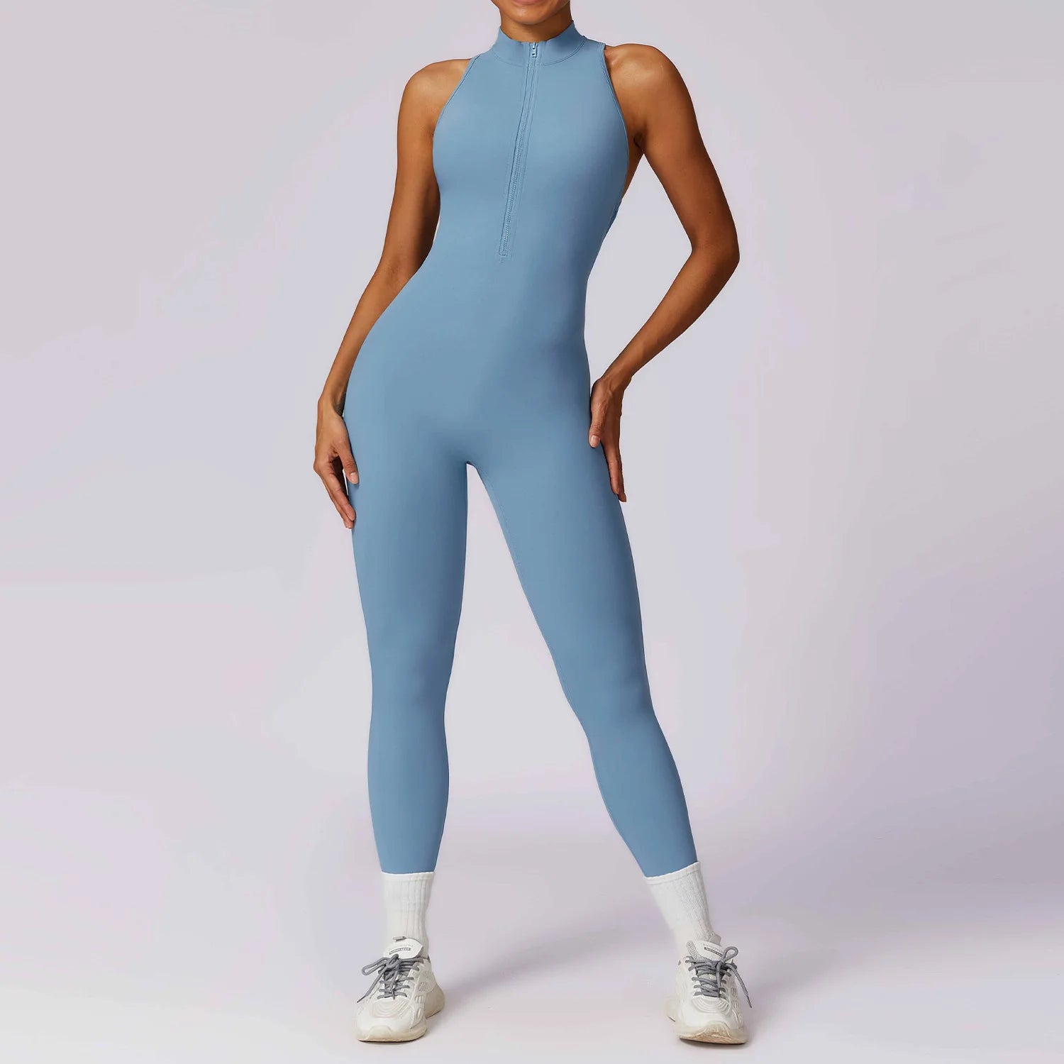 Women's Sleeveless Nylon Blend Zip Front Workout Jumpsuit with Cross Back