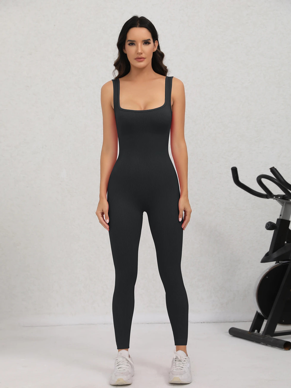 Women's Square Neck Ribbed Nylon Blend Workout Jumpsuit with Fitted Legs