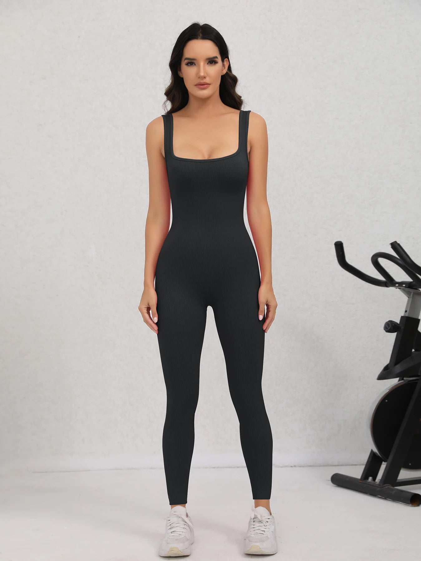 Women's Square Neck Ribbed Nylon Blend Workout Jumpsuit with Fitted Legs