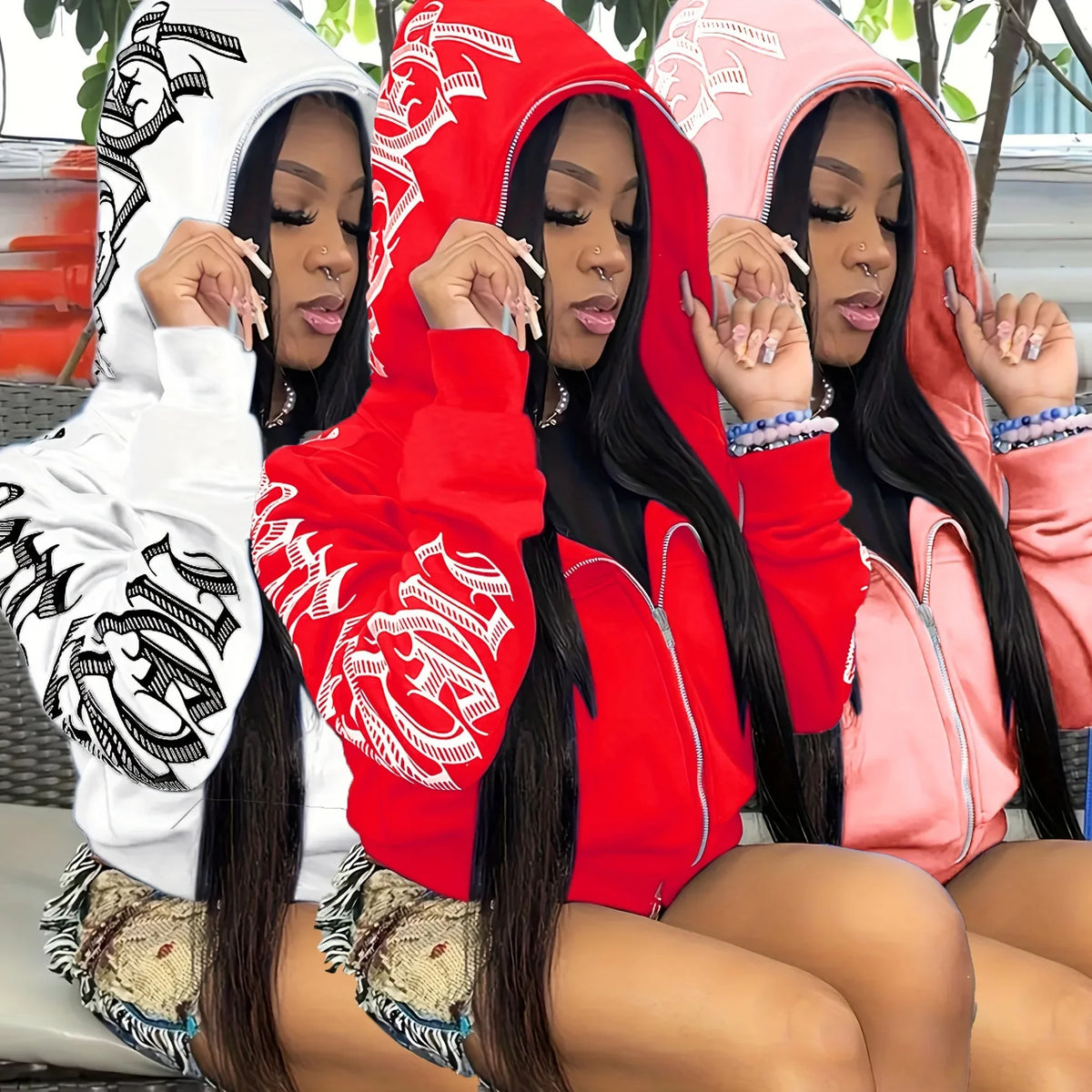 Letter Graphic Long Sleeve Full Zip Casual Hoodie