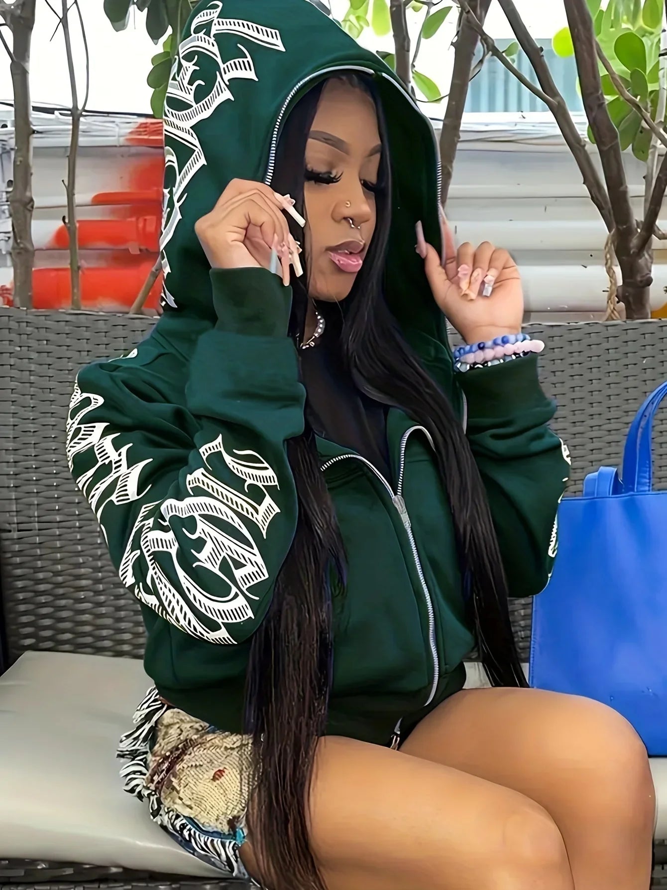 Letter Graphic Long Sleeve Full Zip Casual Hoodie